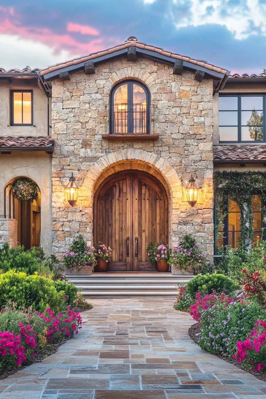 Stone Façade With Arched Wooden Doors