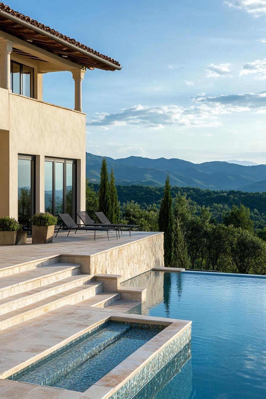 modern Tuscan mediterranean house facade steps with ceramic tile mosaic infinity pool with Italian mountain views
