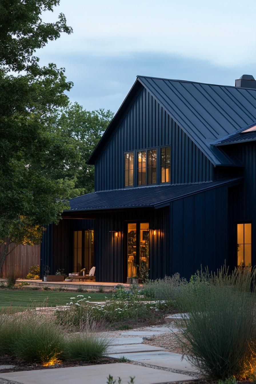 modern barndominium house midnight blue facade with black corrugated metal roof 3