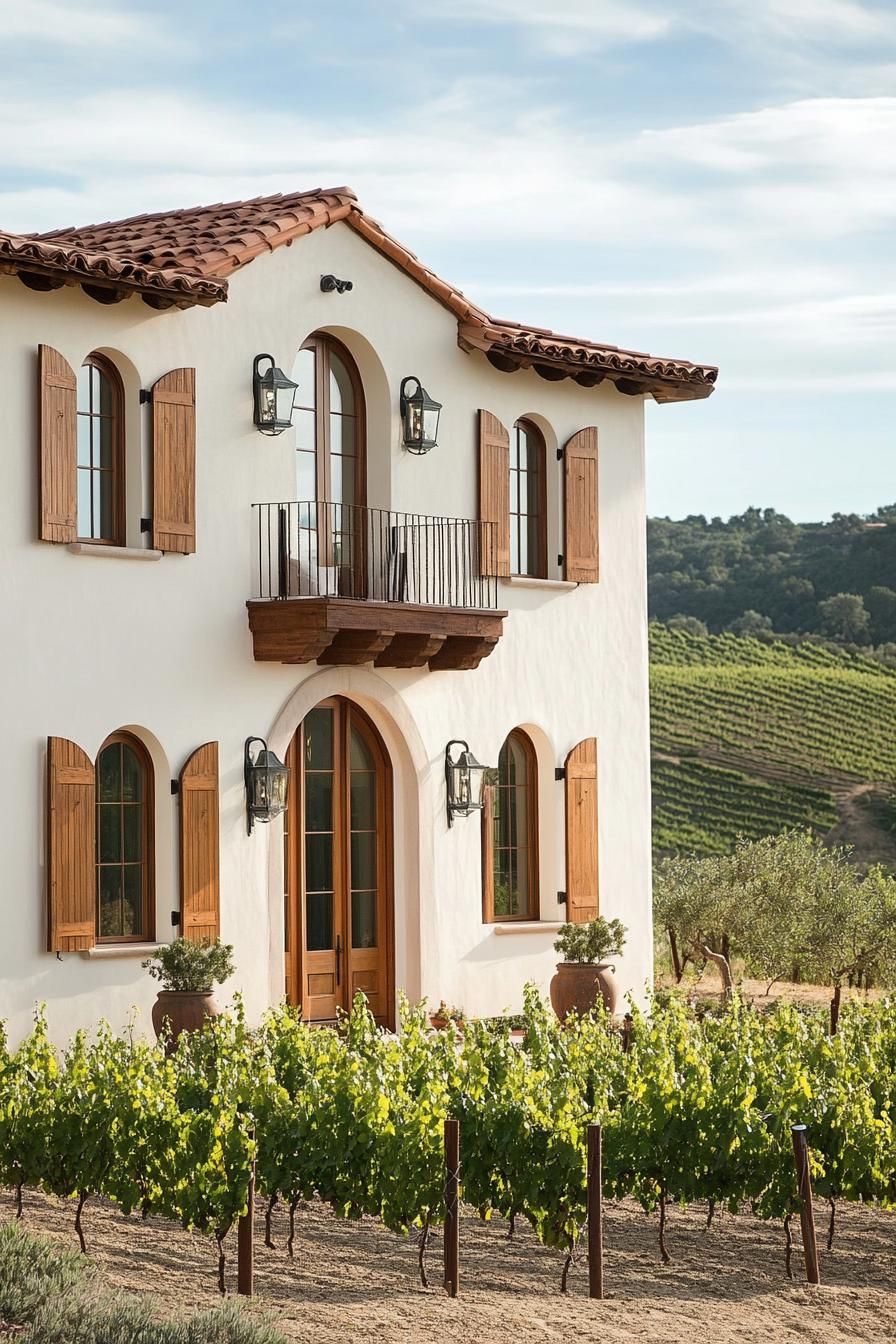 mediterranean revival architecture home facade with tall narrow windows and wooden shutters hilly vineyard landscape 2