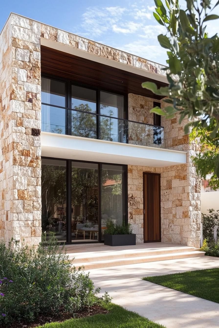 modern terrace house facade with rustic stone cladding mediterranean front garden 3