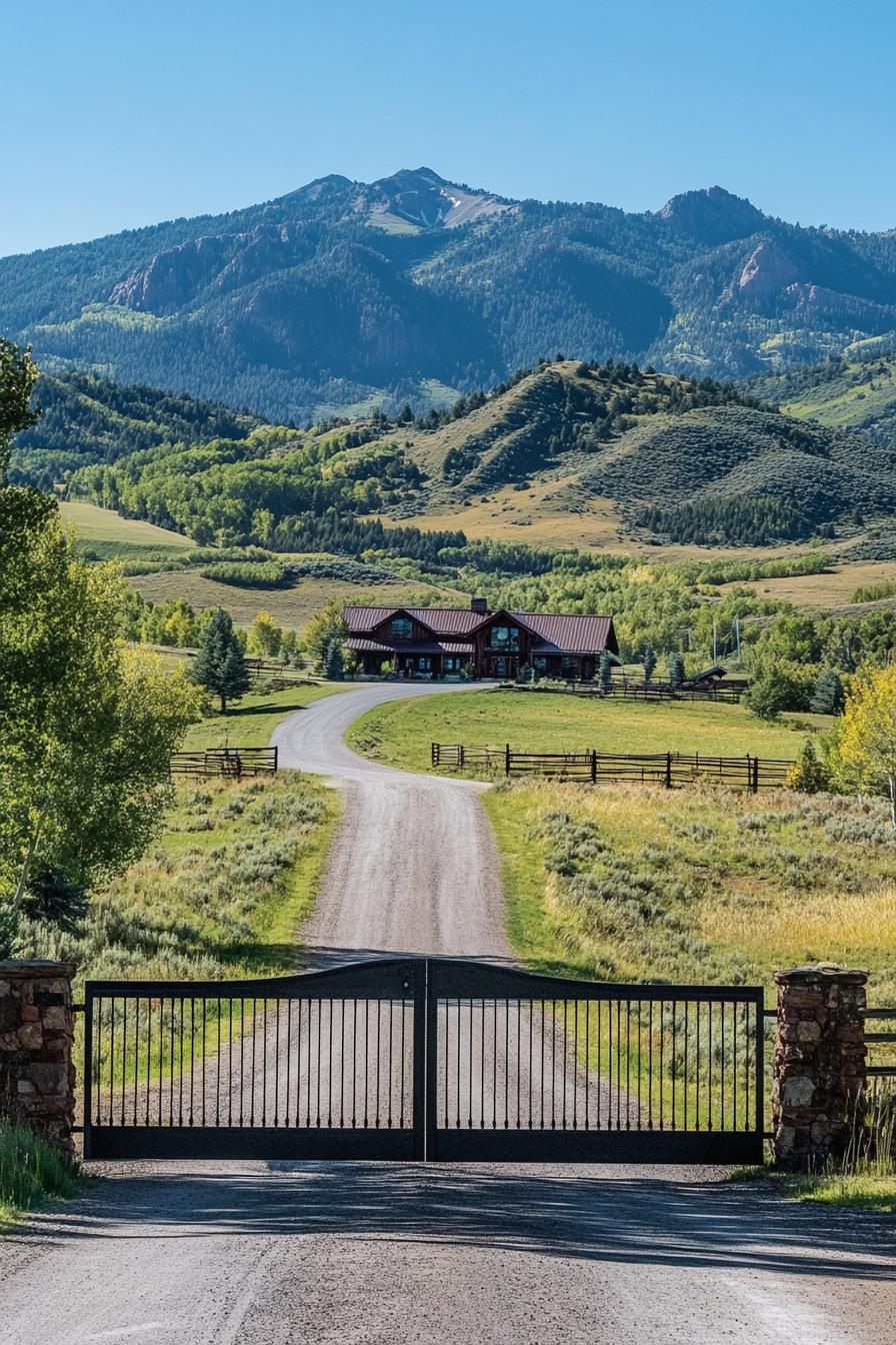 traditional ranch entrance direway mountain road large gate ranch house at the end of driveway