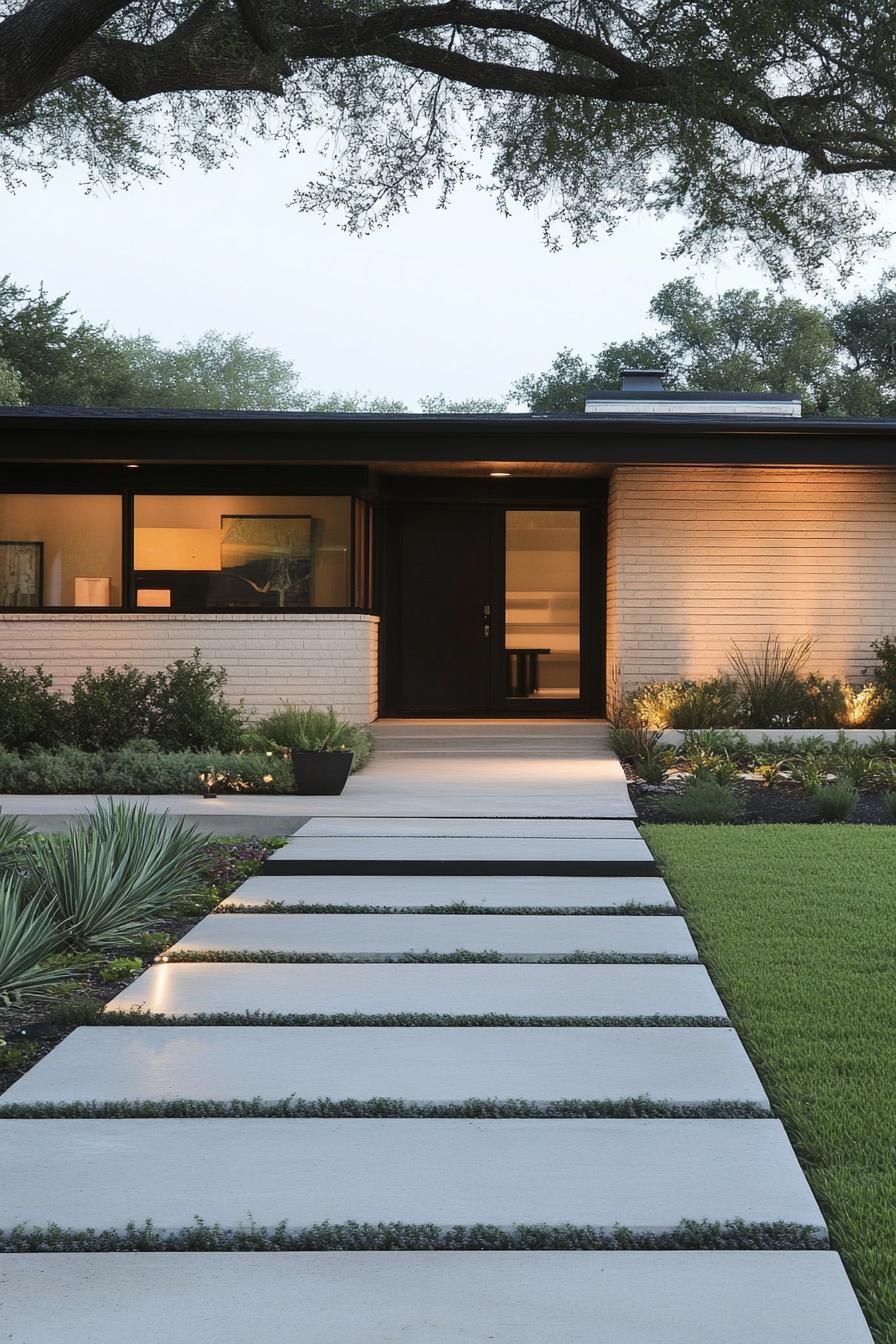mid century modern house front yard minimalist symmetrical geometric landscaping 3