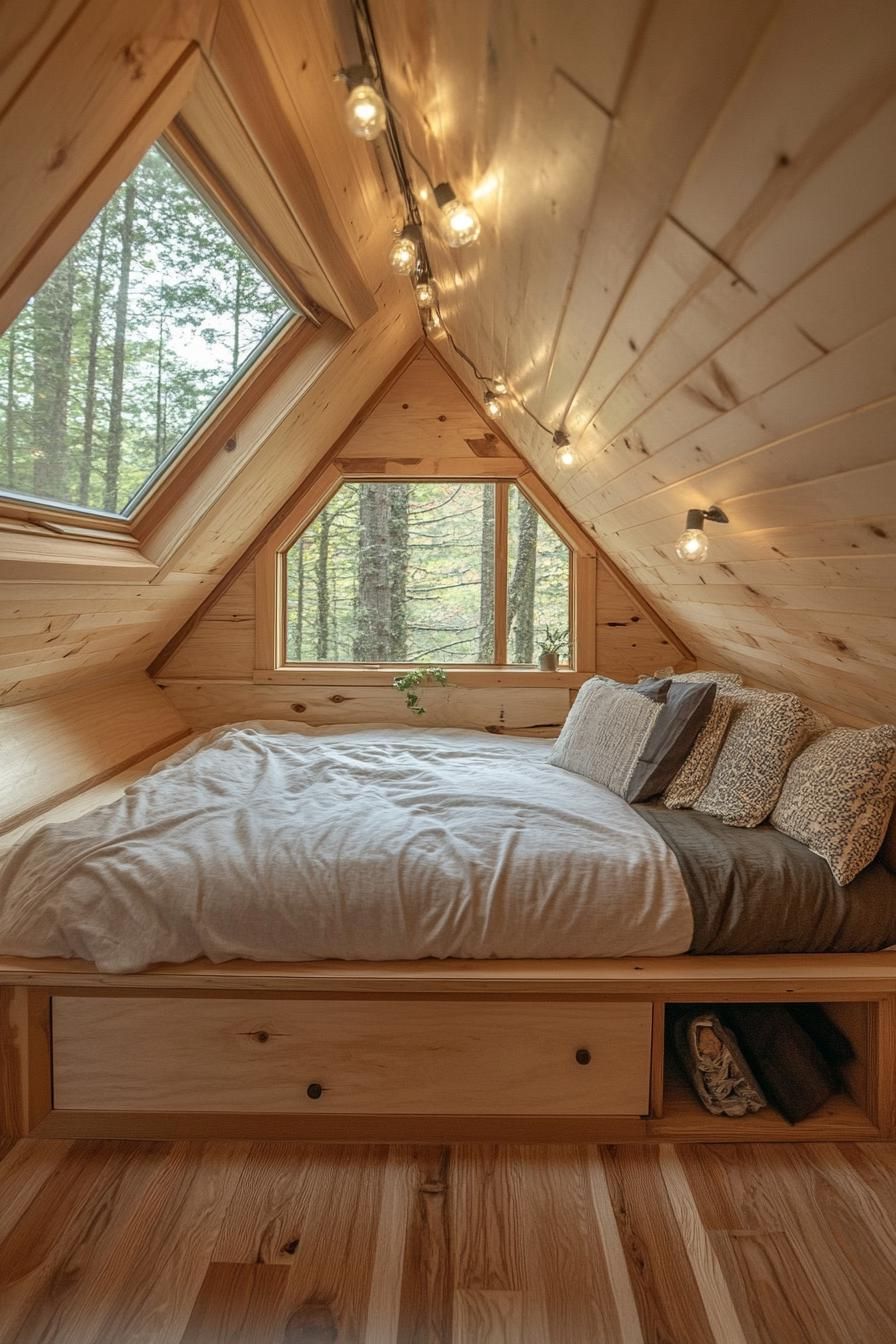 tiny a frame cabin interior with natural hardwood ceiling and floor built in platform bed with built in storage and cozy bedding full wall window