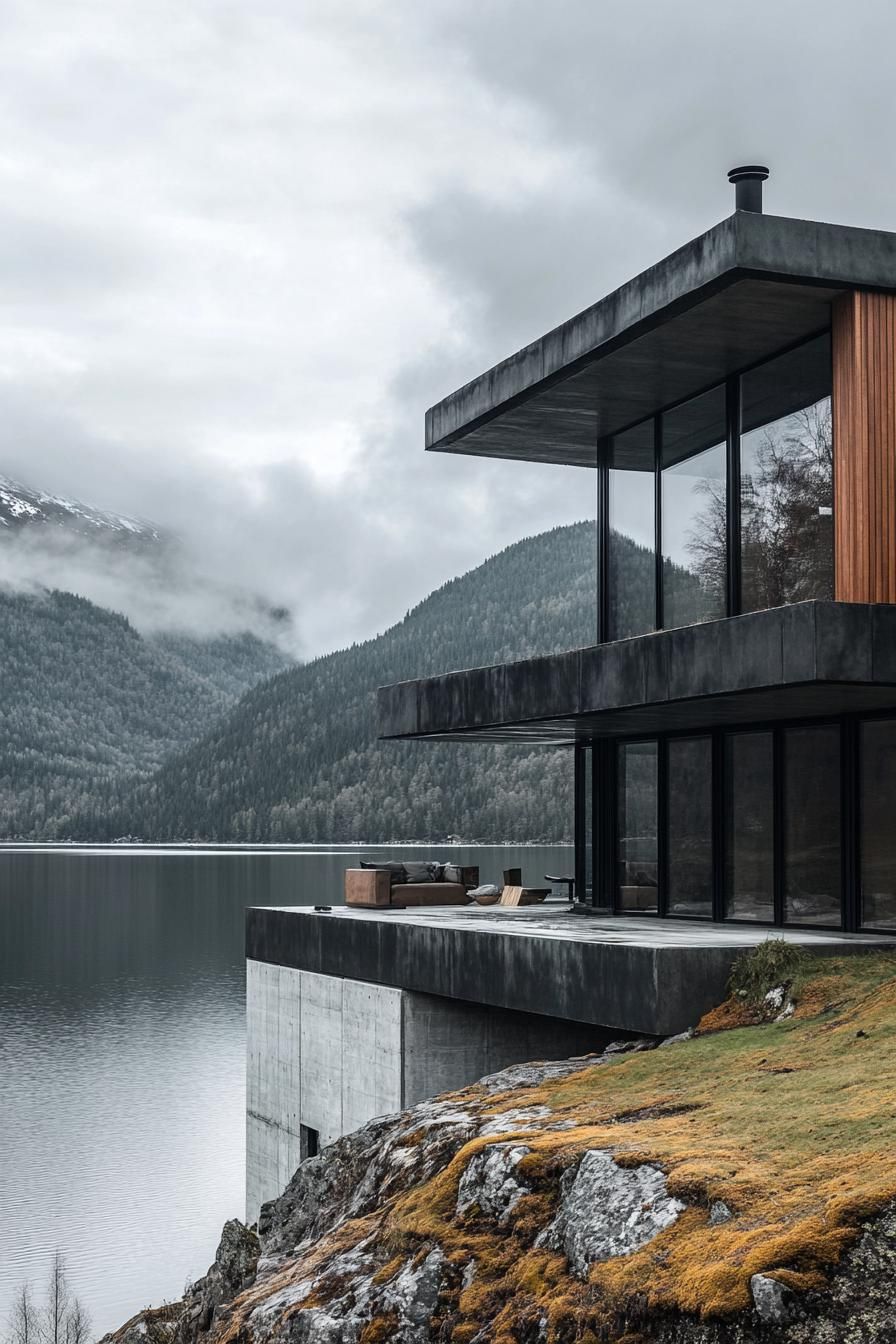 modern steel and concrete house facade on a hill over a lake Scandinavian mountain area