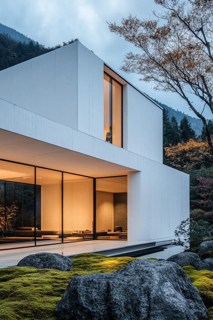 modern minimalist symmetrical white concrete house facade with glass walls front yard with mossy rocks Japanese mountains in the background