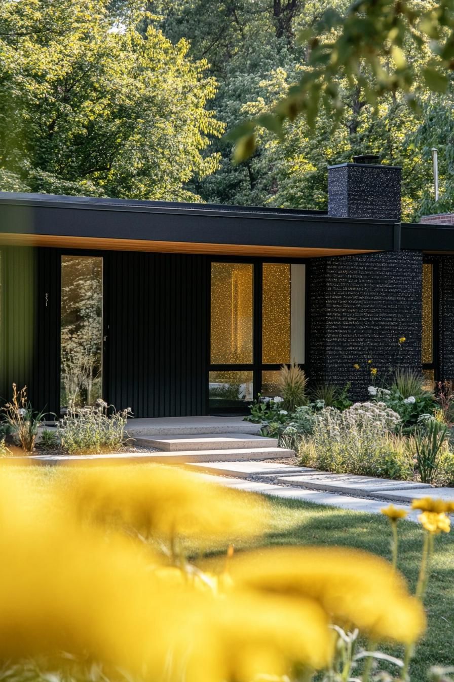 mid century modern black house black terrazzo facade with gold flecks full house view yellow meadow front yard