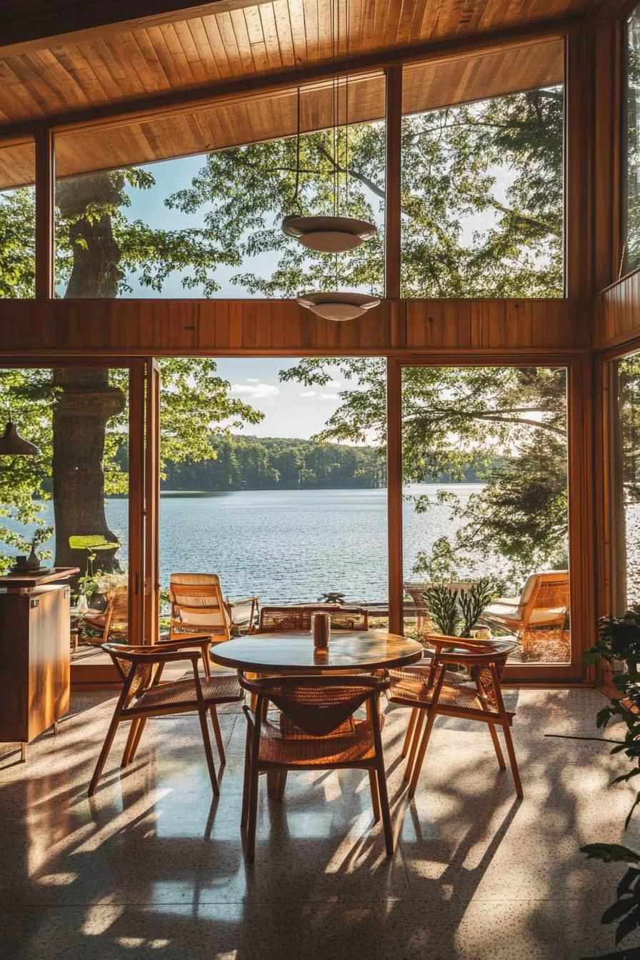 mid century modern house interior with teak furniture and large windows overlooking a stunning lakeside 2