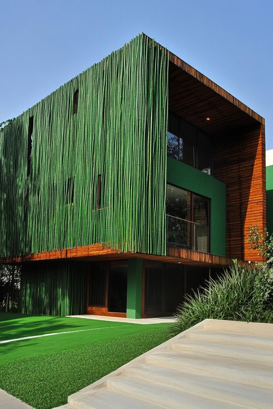 modern house with green color facade with bamboo cladding painted green