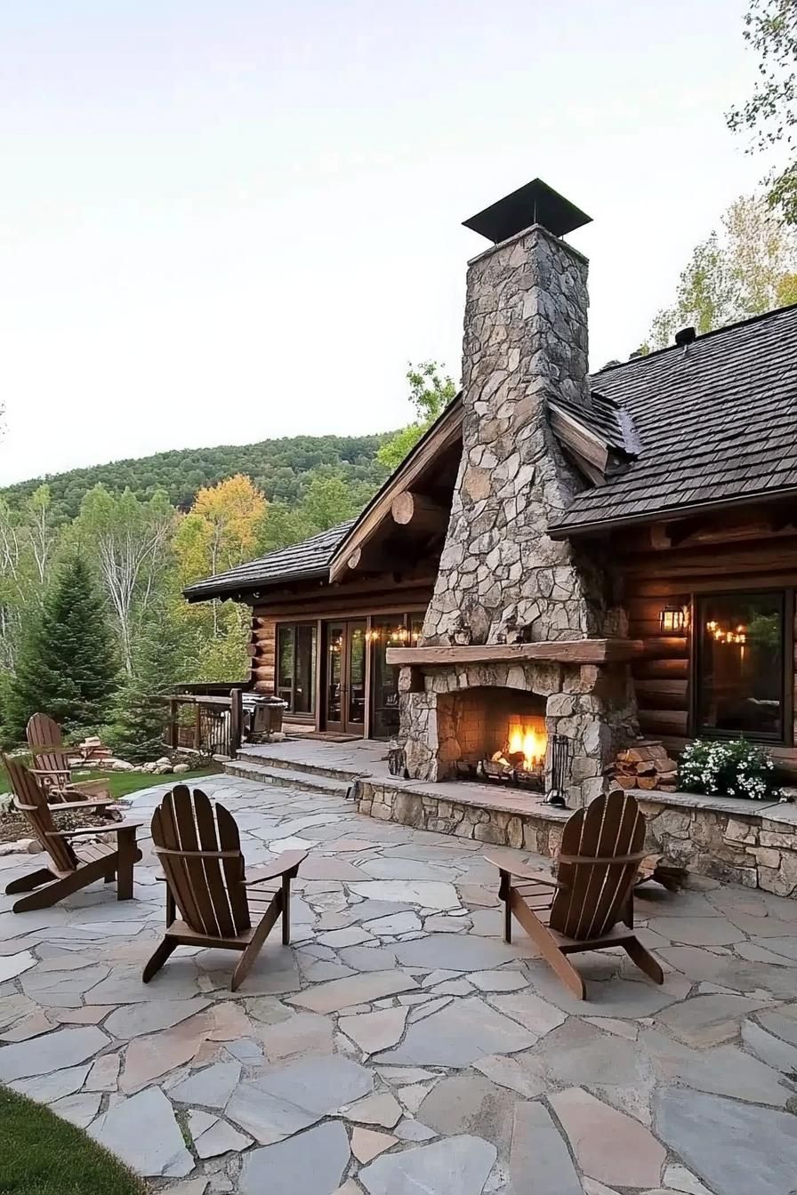 log cabin with outdoor fireplace stone paved patio with adirondack chairs imposting mountain in the background 3