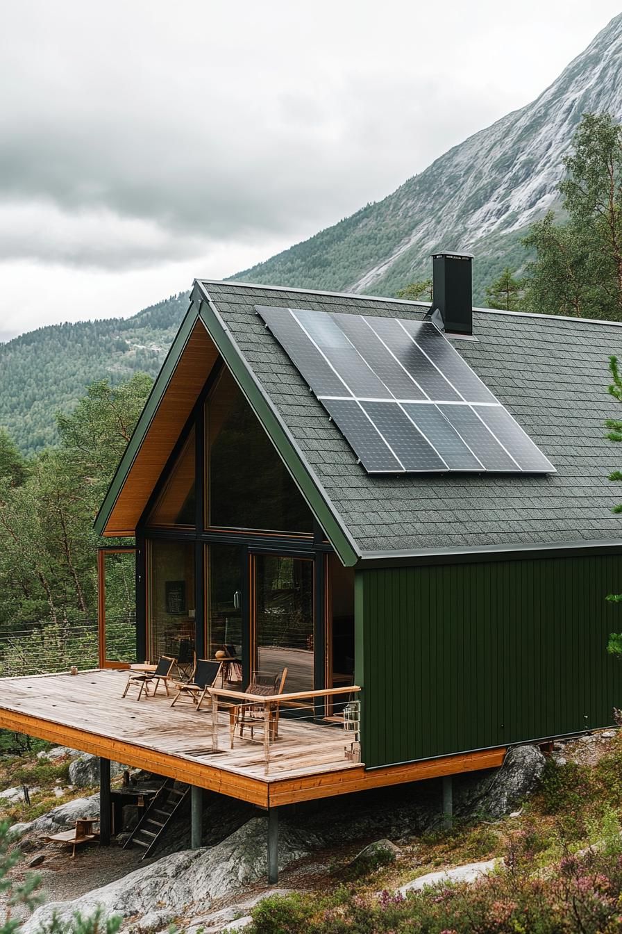 a frame mountain house in charteuse green siding grey slate roof with solar panels Scandinavian mountain landscape 2