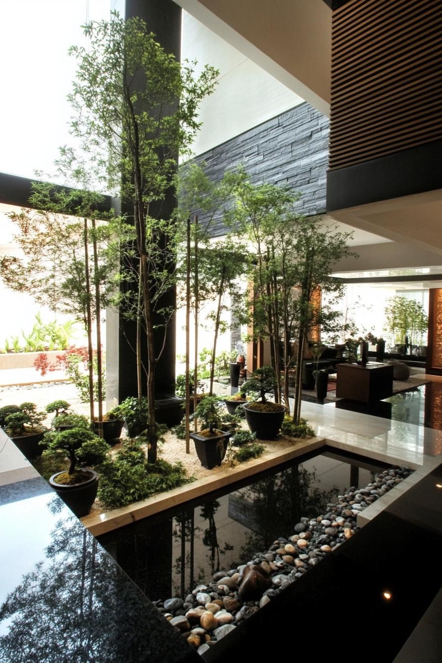modern zen style home interior shelves with bonsai trees 3