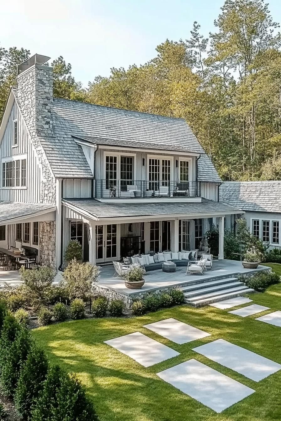 Dream House with a Stone Chimney and Elegant Patio