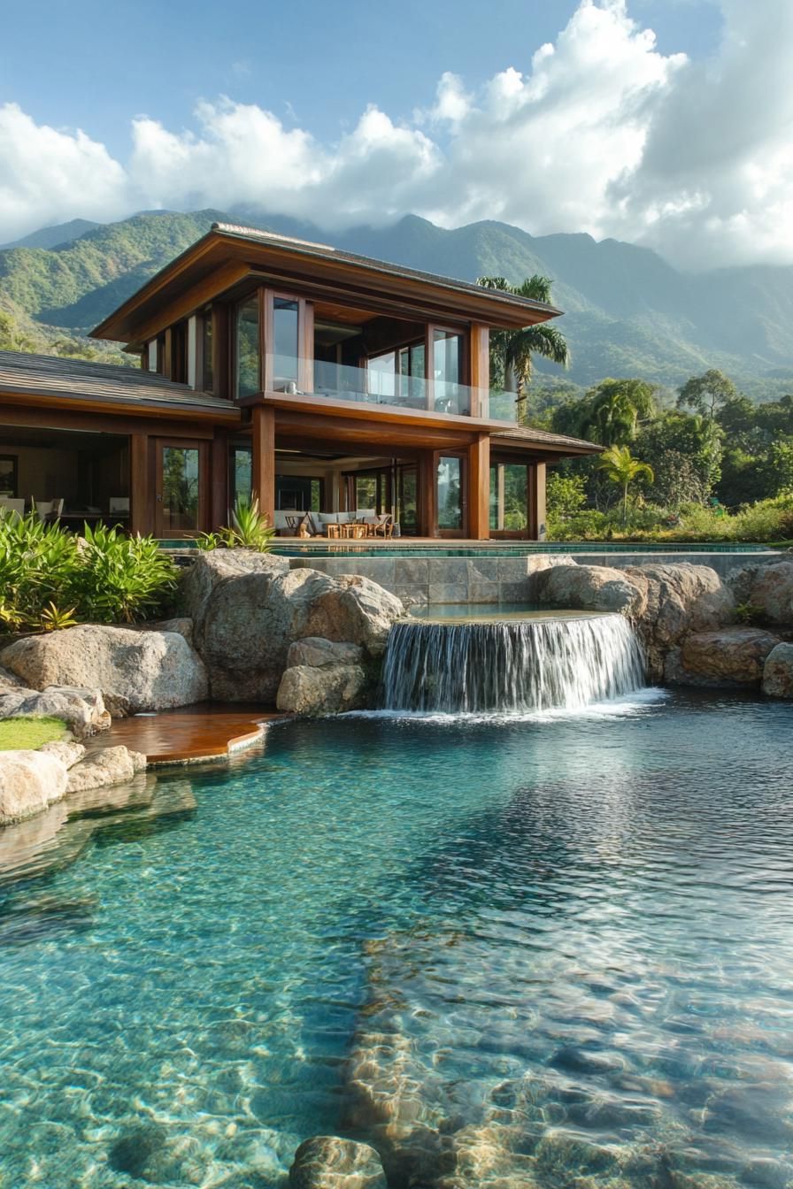 Pool With Waterfall Feature Into a Lower Level