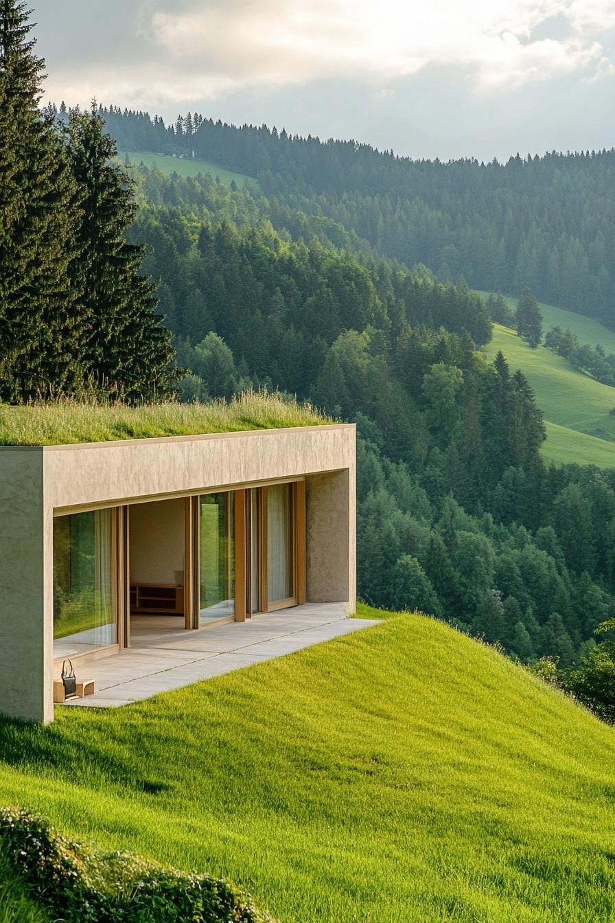 earth sheltered modern house large facade partially built into hillside with large windows overlooking a green valley with forest in the distance