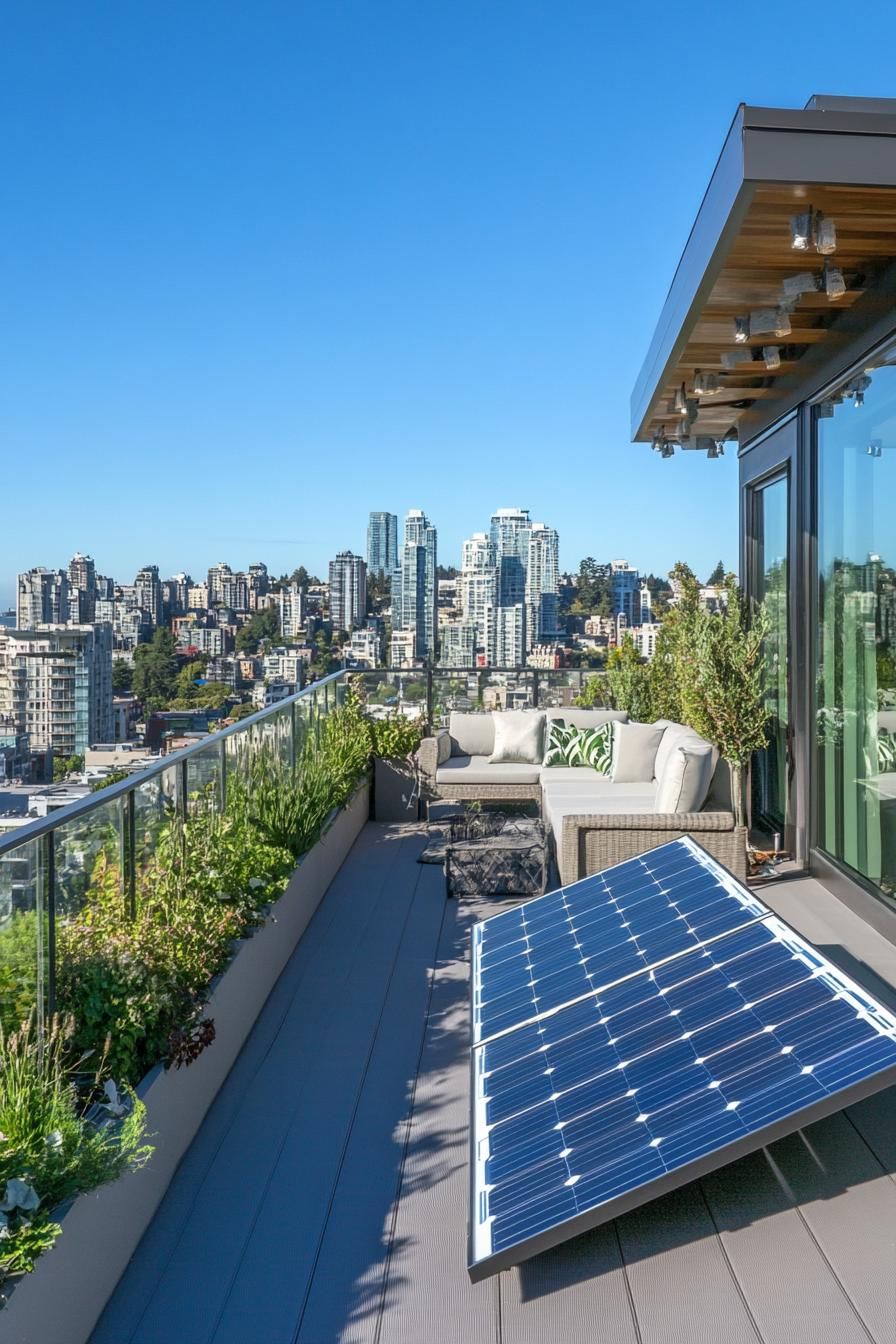 modern green rooftop balcony with a solar panel and stunning city views