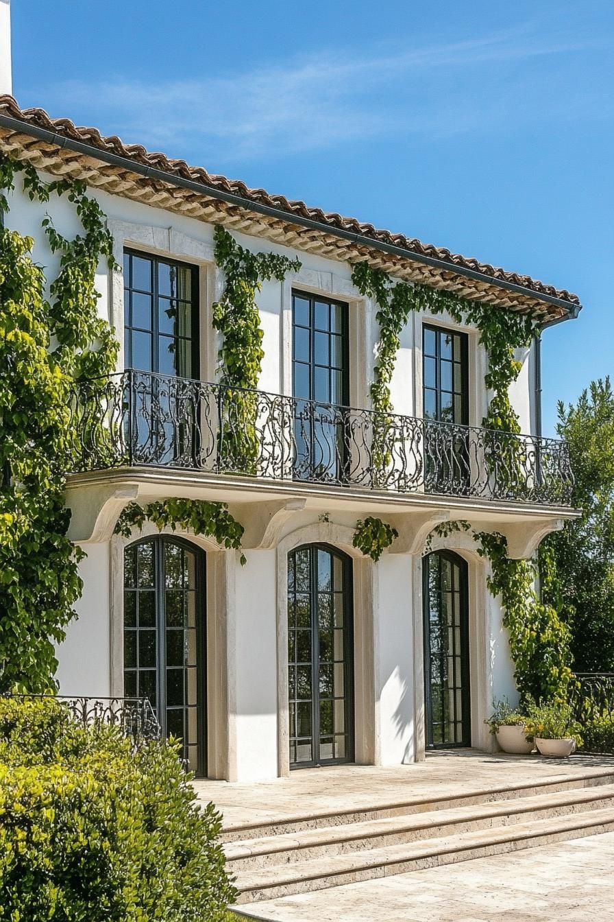 modern French country house facade with ivy covered trellis and iron balconies French riviera views