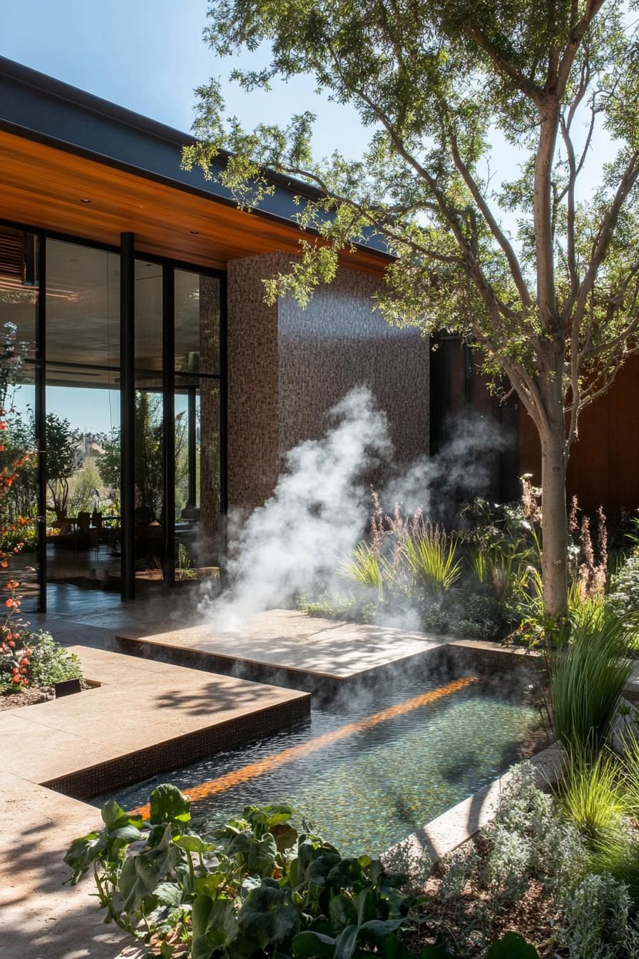 modern house inner courtyard with steaming thermal water pool and garden 3