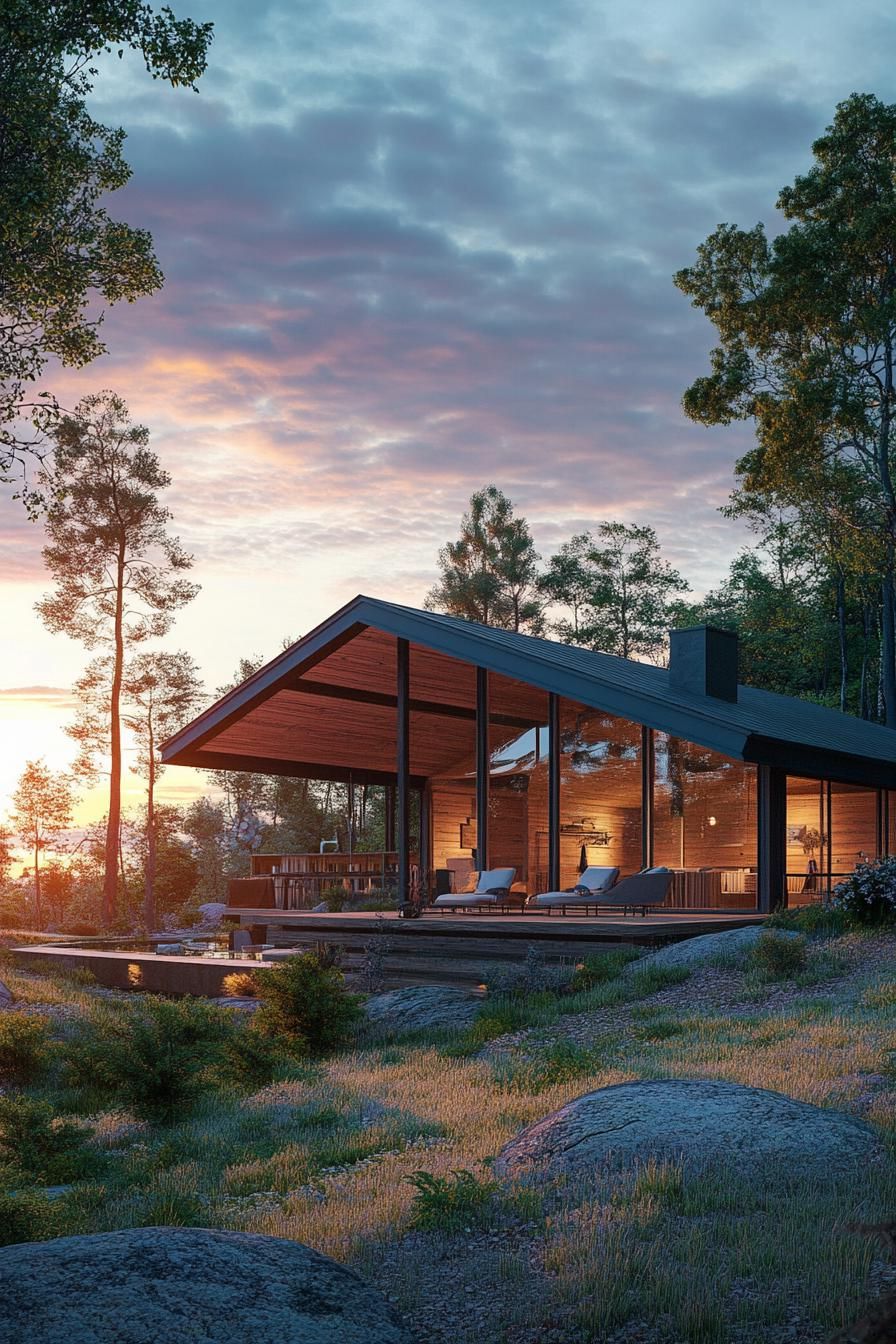 modern barn style house with wraparound porch with outdoor furniture on a hill surrounded by forrest with sunset view 3