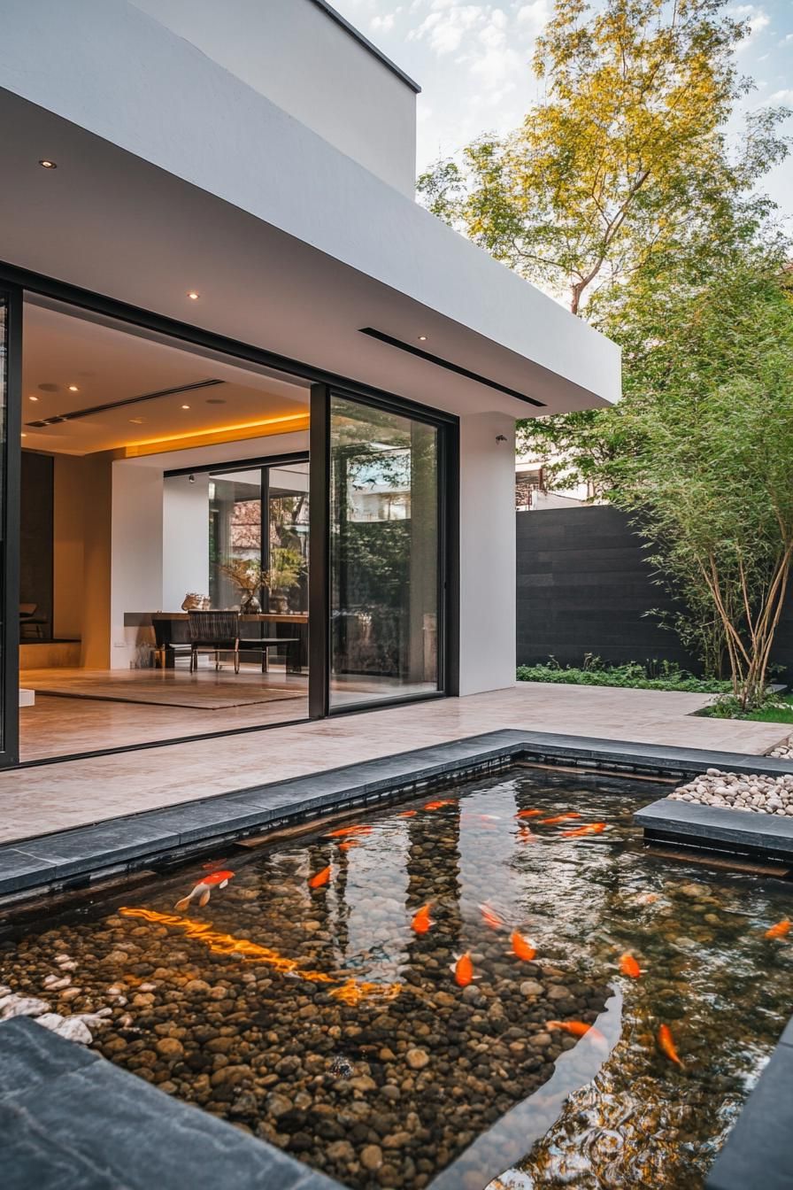 modern minimalist house courtyard with large glass doors opening to a koi pond and zen rock garden