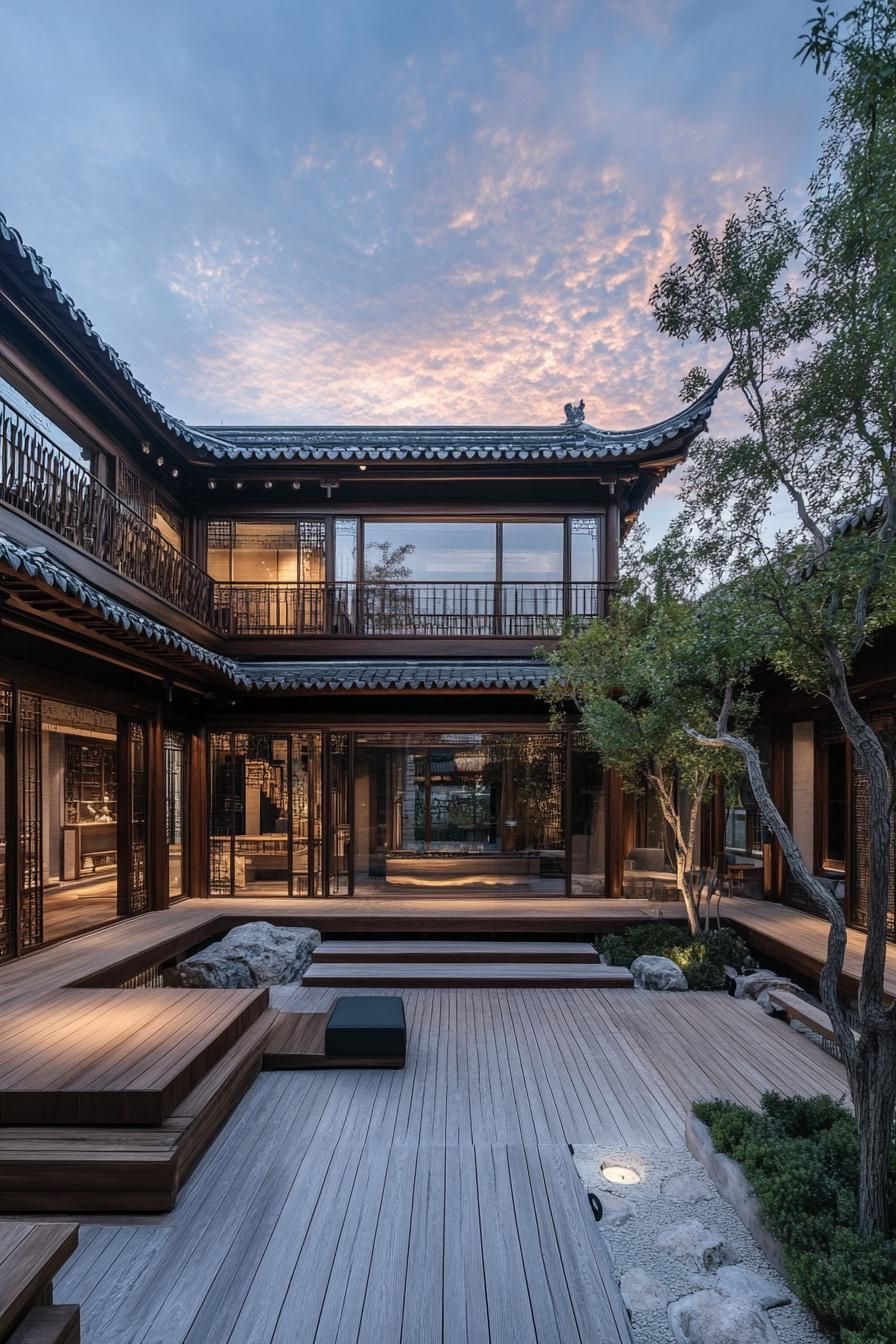 chinese inner courtyard with multi level terraces wooden deck antique chinese building detailing sunset visible over the roof from the courtyard 3