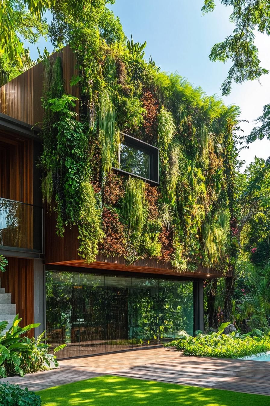 modern house garden with vertical garden lush forest landscape around