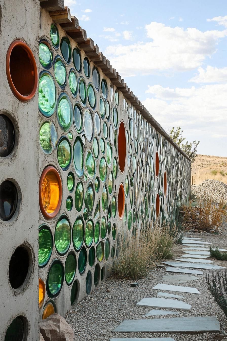 earthship house with recycled glass bottle wall 2