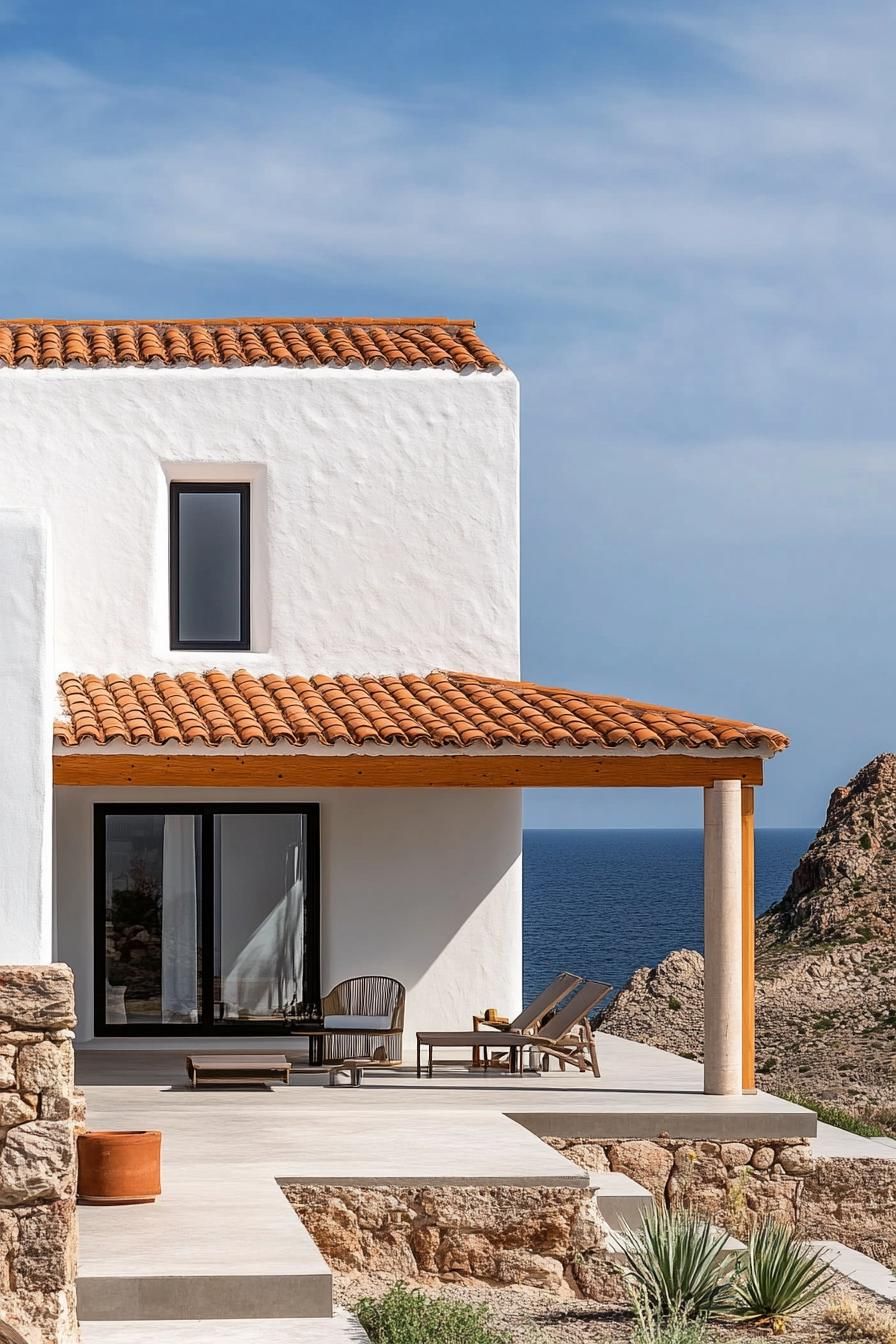 Greek island chalet modern facade with terracotta roof open veranda sea views