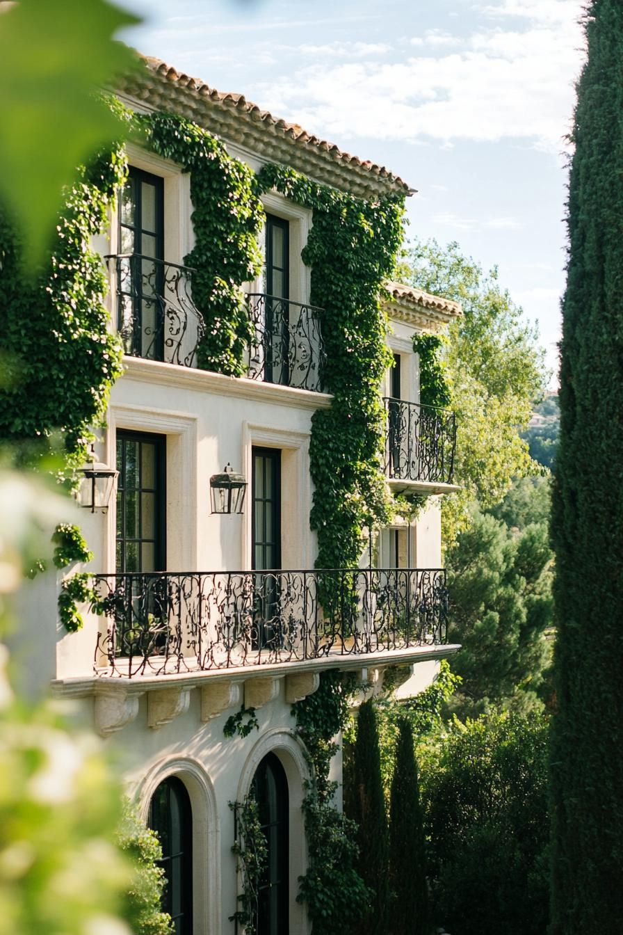 modern French country house facade with ivy covered trellis and iron balconies French riviera views 3