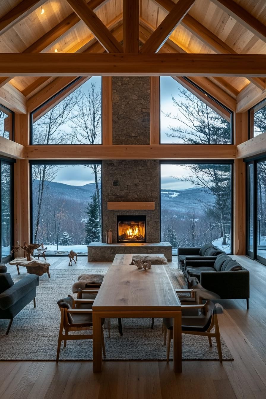 Modern Timber Frame Home With a Central Stone Fireplace and Open plan Design stunning winter mountain view through the windows 2