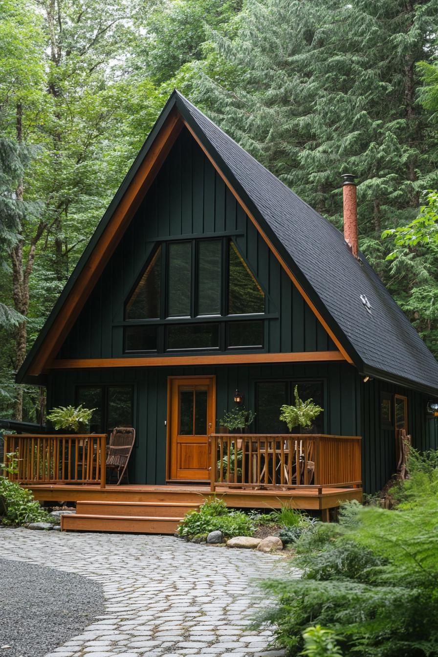 a frame cabin in deep dark green cladding deep dark green roof in slats porch has a pitched roof natural wood door with tall narrow windows on the 2