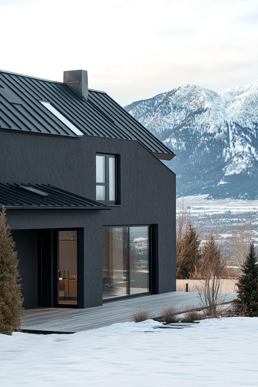 Black Metal Roof With Charcoal Stucco Walls