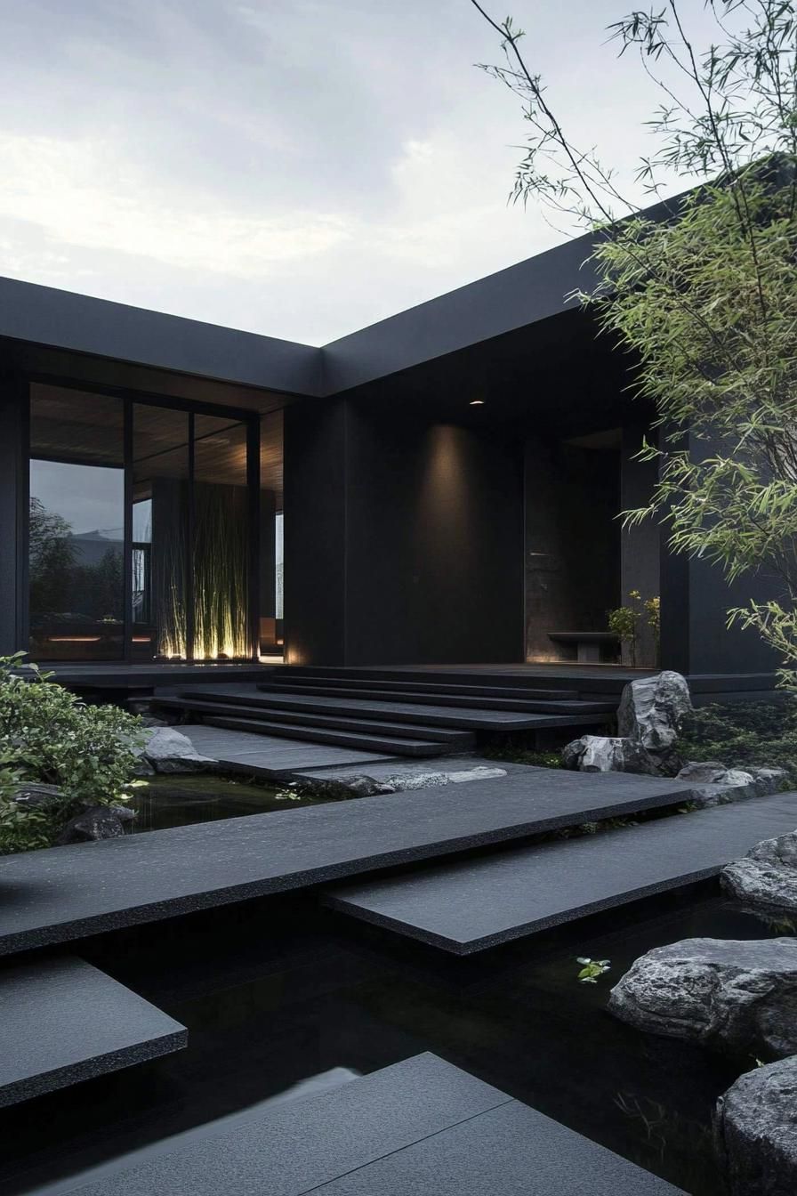 modern minimalist matte black low profile house facade with expansive roof overhangs front yart with zen pond and bamboo plants 3