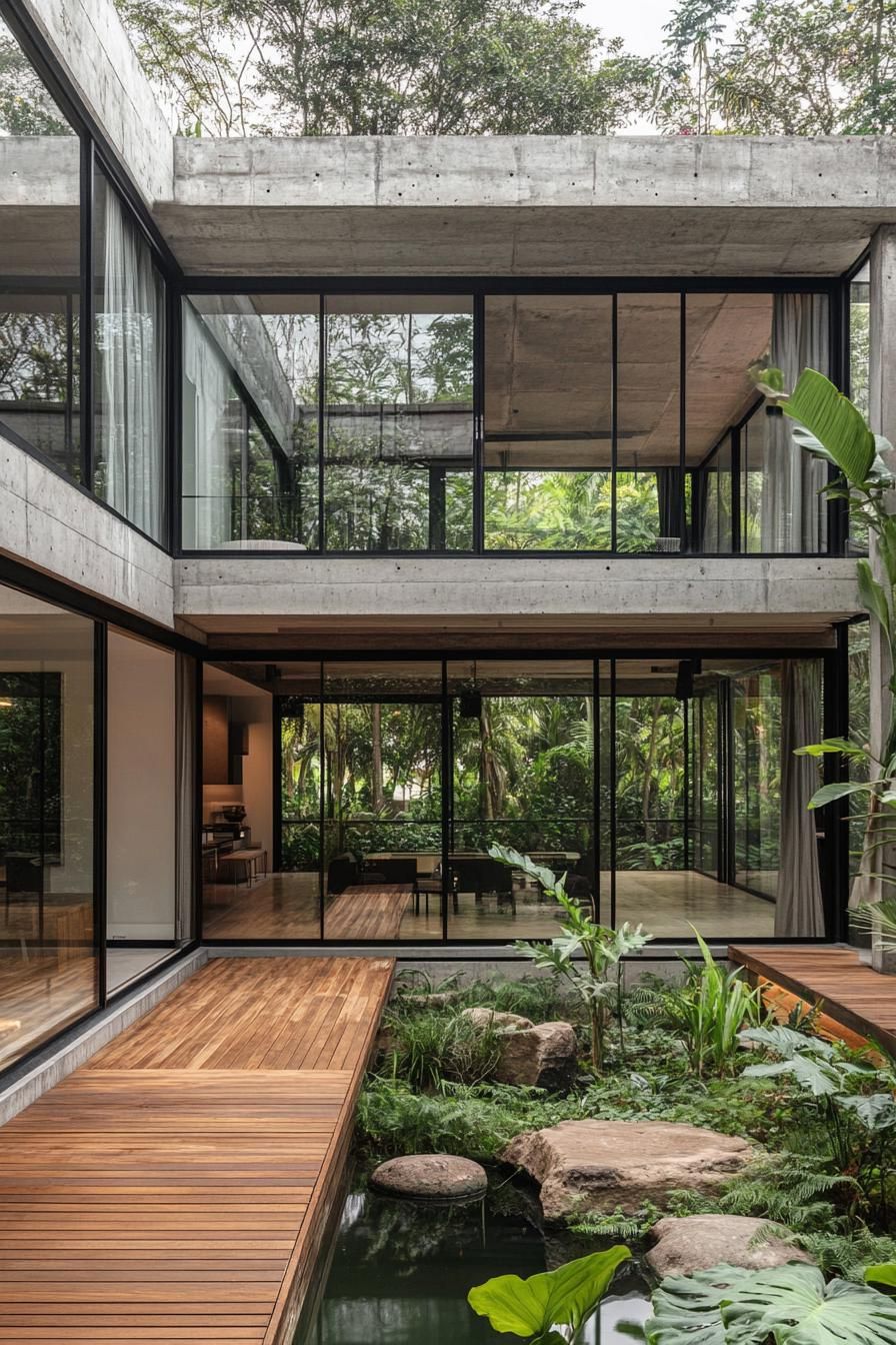 A two story modern glass house inner courtyard seamlessly integrates with its lush surroundings. The structure features expansive floor to ceiling 2