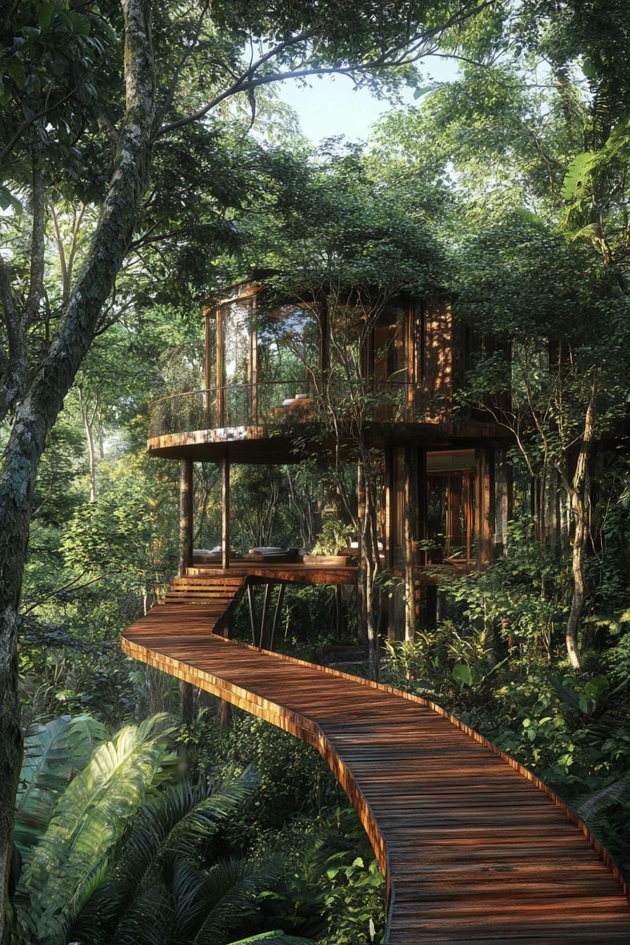 luxury reehouse villa in Bali tropical forest with elevated pathways between buildings 2