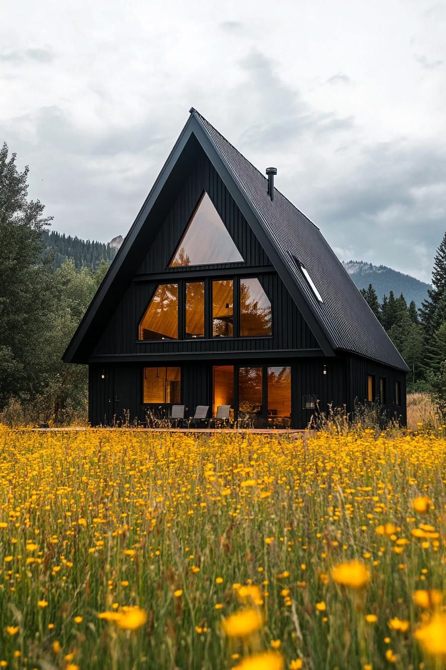 modern dark a frame house facade in yellow wildflower fields