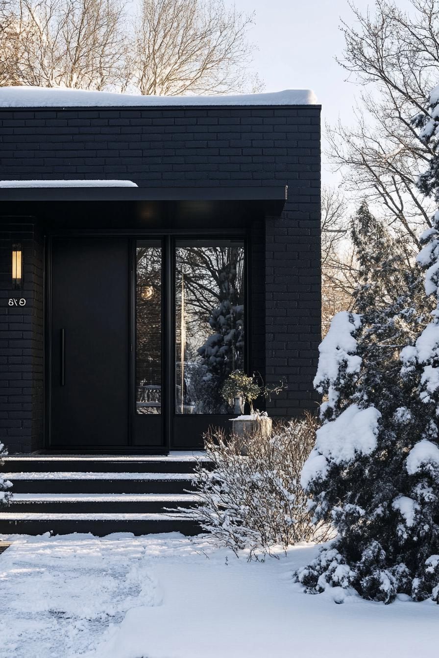 mid century modern black house facade with matte black brick walls in winter