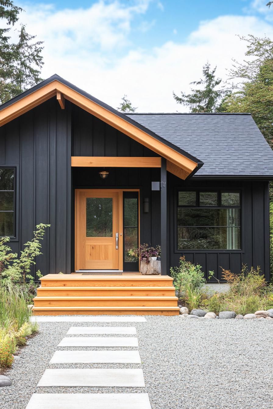 modern prefab small house facade with charcoal black shiplap siding cedar accents saltbox roof gravel patio steps to the frontdoor with gambrel 3