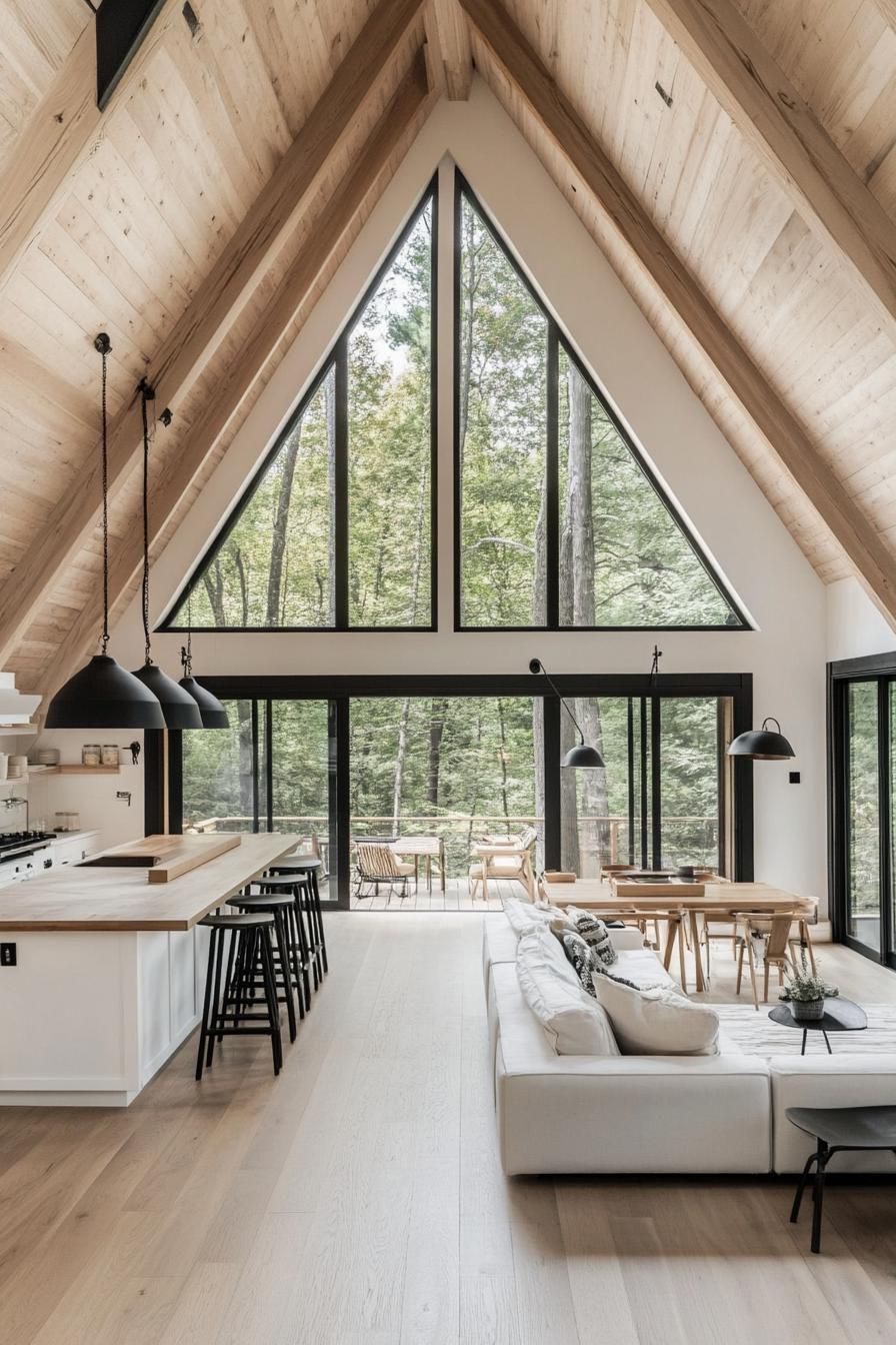 modern a frame forest home open plan interior living room with kitchen white ceiling natural wood planked wall with large windows wooden beams
