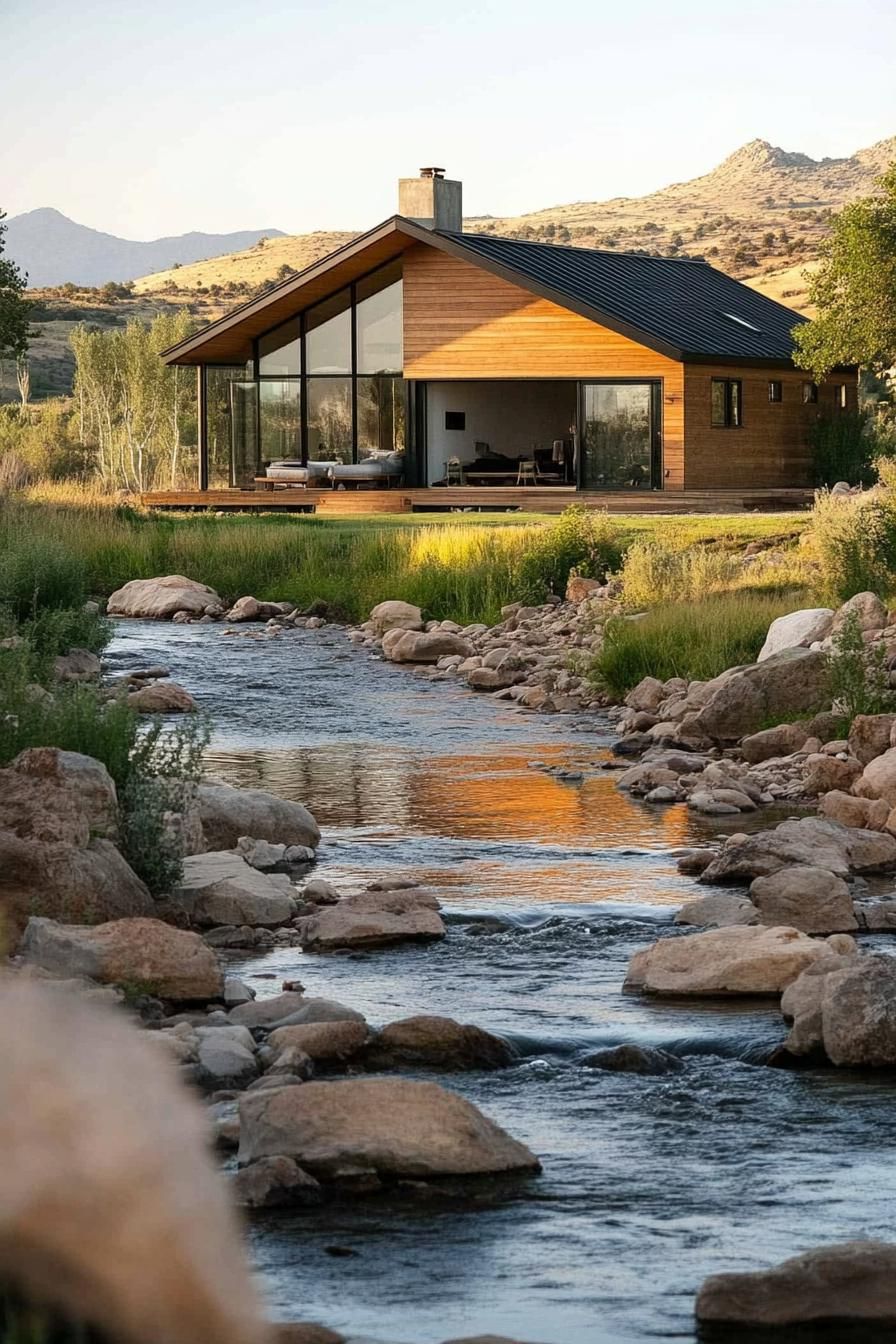 modern wooden ranch house by a rocky river hills in the backdrop