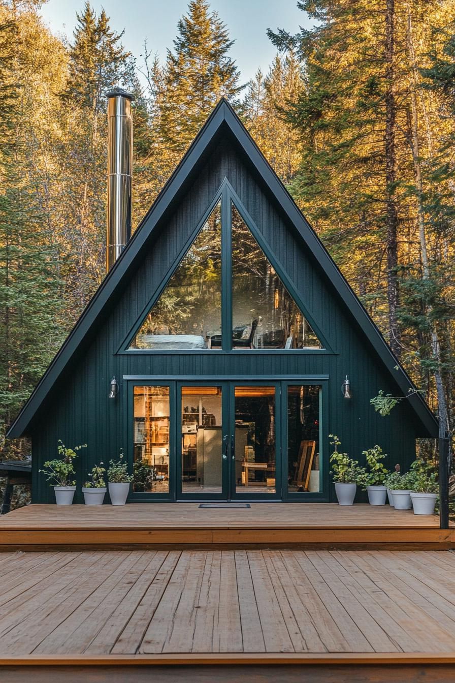 view from the deck of a deep dark green a frame cabin with full glass windows and natural wood door with glass panels chromed chimney on the roof