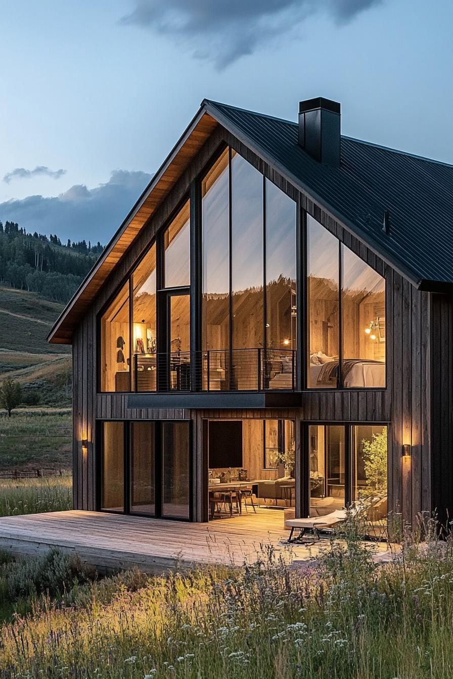 modern barn style house with loft storage large windows overlooking stunning mountain meadows