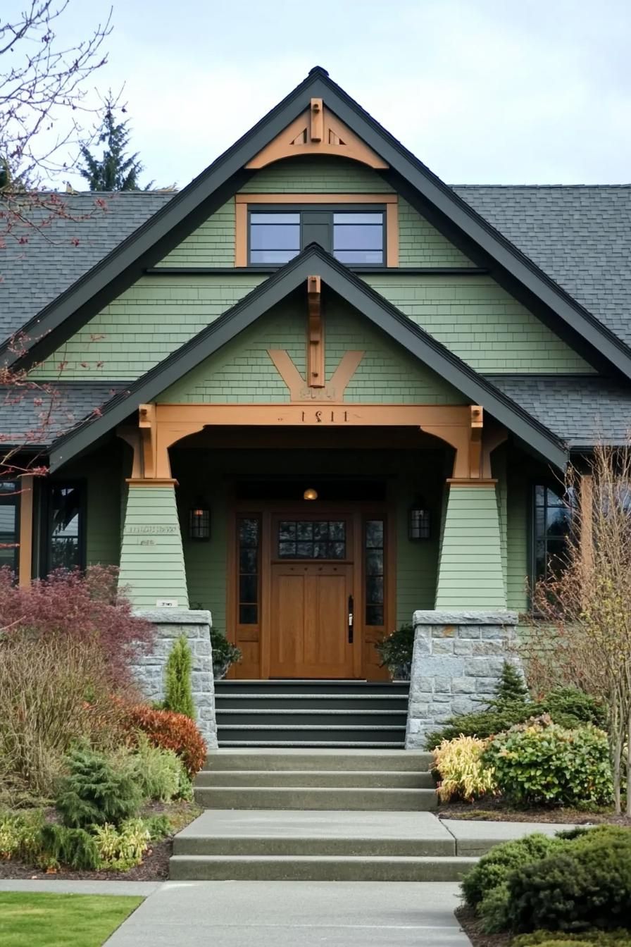 craftsman house with mint green siding dark multi pitched roof entryway with step and columns landscape with shrubs and small trees