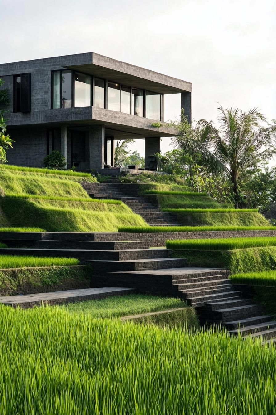 modern geometric villa house with multiple terraces in stunning Bali rice fields 3