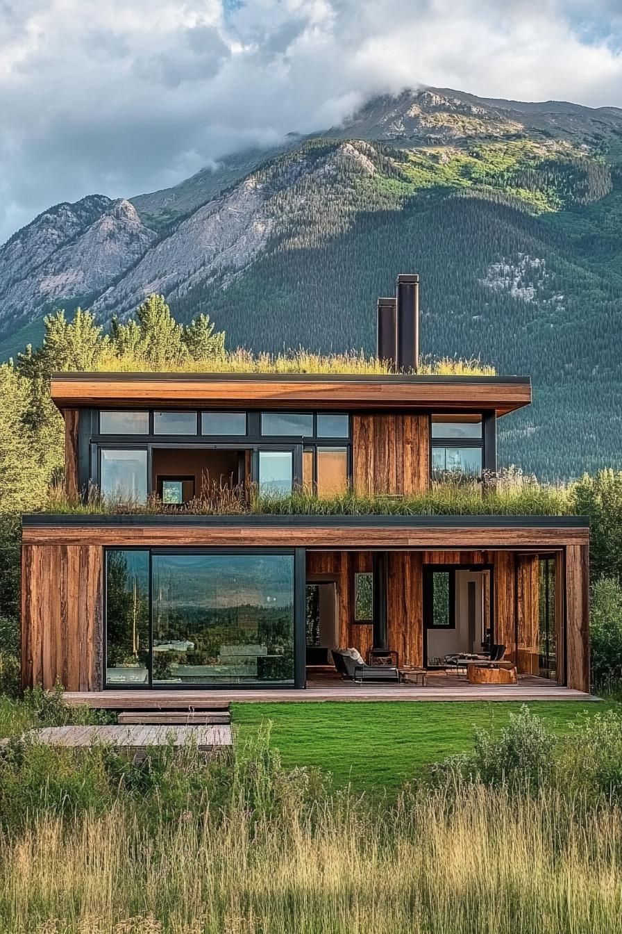 modern wood house facade with reclaimed wood siding and eco friendly green roof magnificent green grass mountain in the background