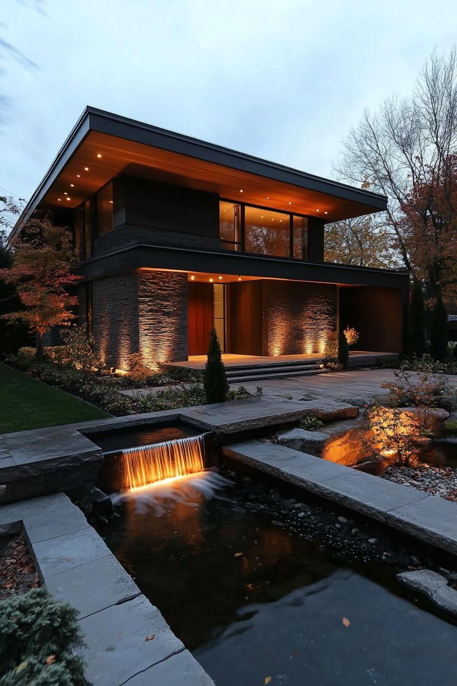 modern minimalist house facade with floating roof with LED lighting front yard zen garden with water stream and small waterfall