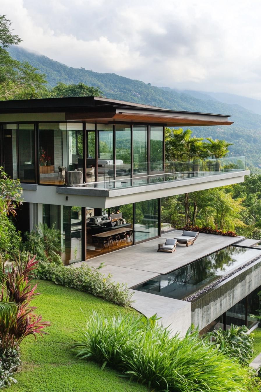 modern house on a slope with glass wall living space and tropical mountain views 2
