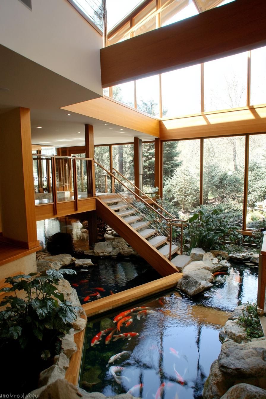 modern unique japanese style zen home with indoor koi pond atrium with a bridge