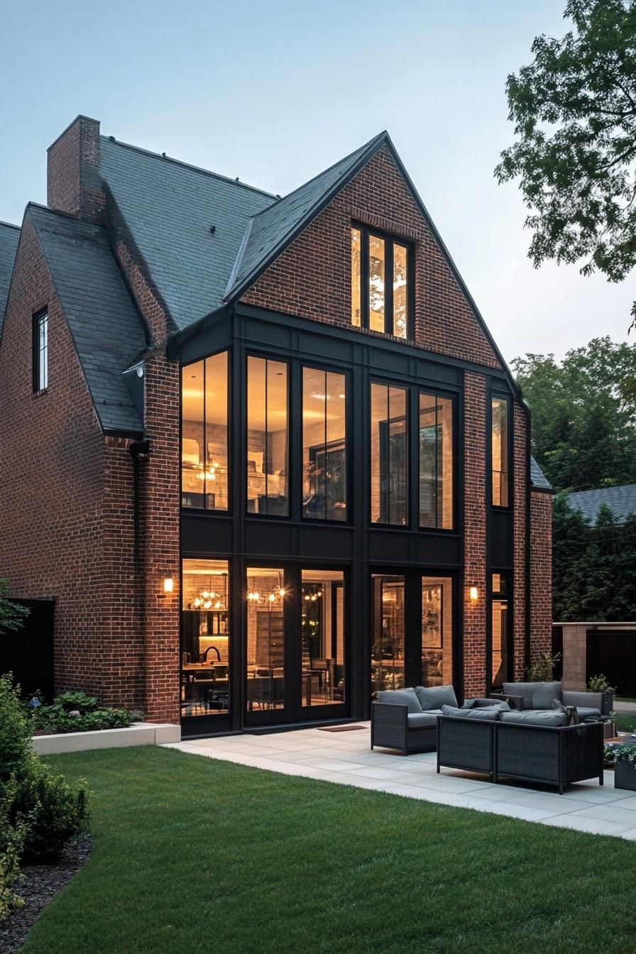 suburban brick house with multi pitch roof and large modern windows and patio 3