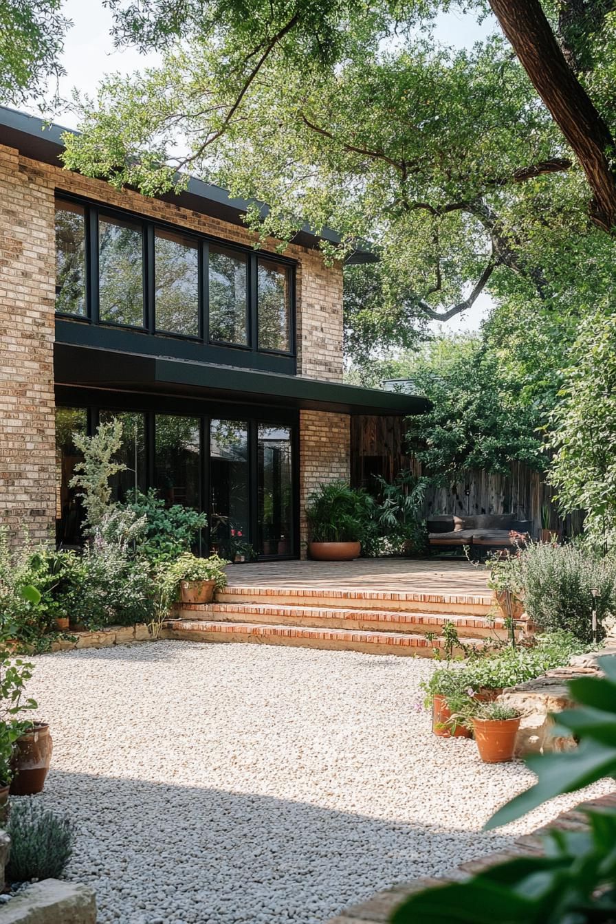 80s house exterior makeover facade with oversize windows gravel front yard garden 3